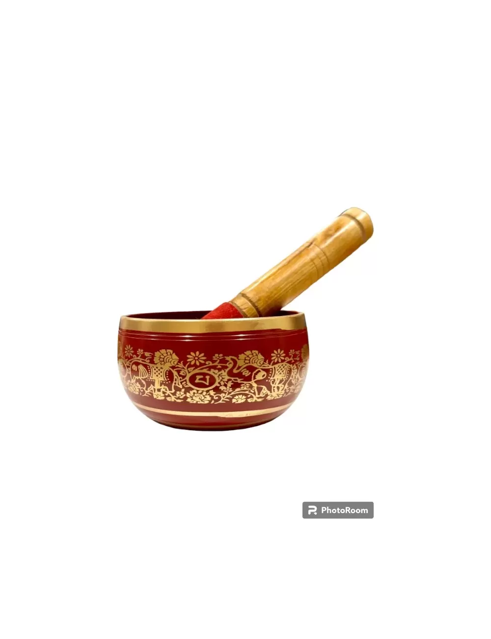Brass Singing Bowl with Stick - 14 cm - Red Color - Assorted Designs