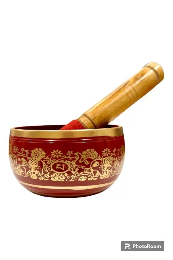 Brass Singing Bowl with Stick - 14 cm - Red Color - Assorted Designs