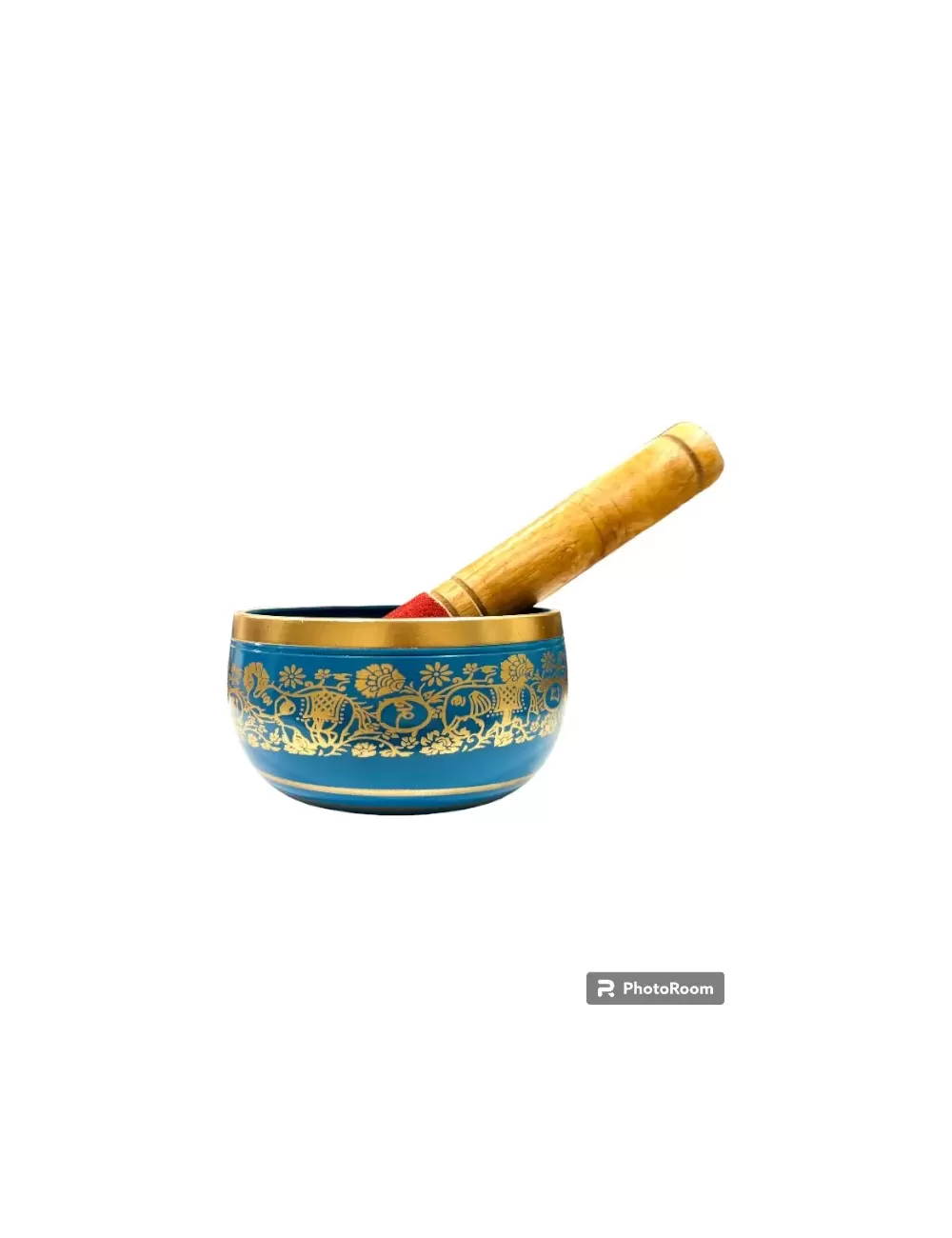 Brass Singing Bowl with Stick - 14 cm - Blue Color - Assorted Designs
