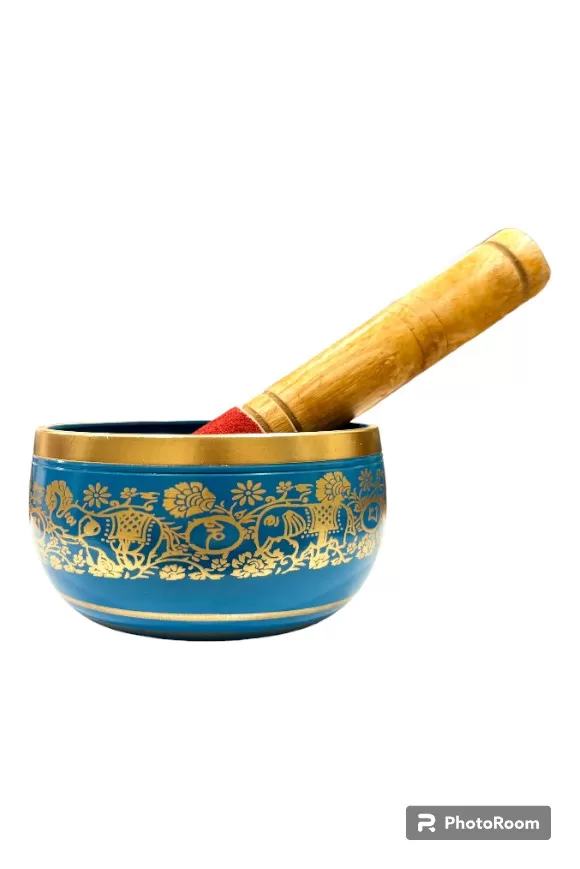 Brass Singing Bowl with Stick - 14 cm - Blue Color - Assorted Designs