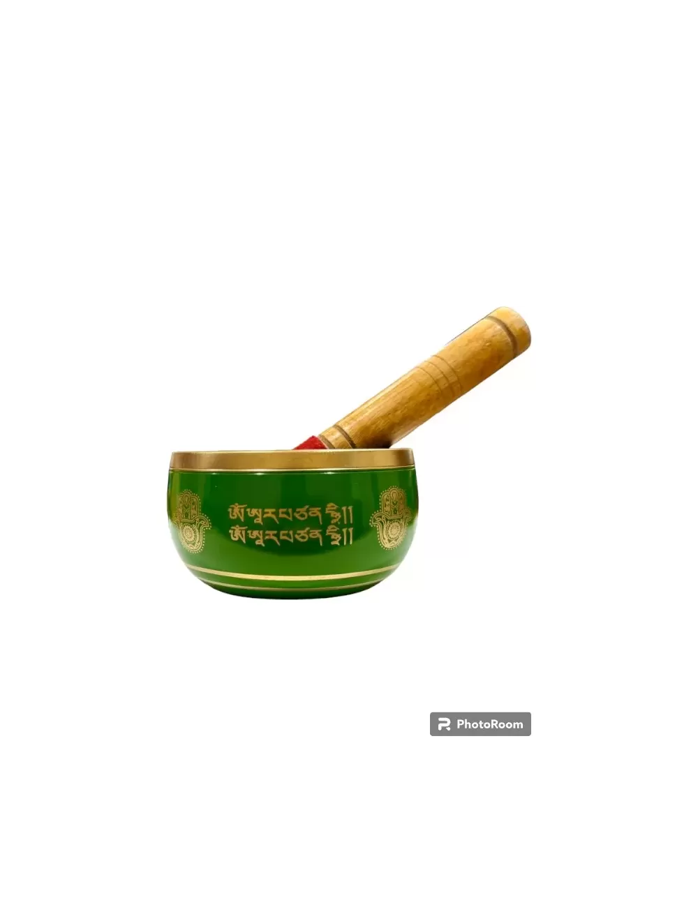 Brass Singing Bowl with Stick - 14 cm - Green Color - Assorted Designs