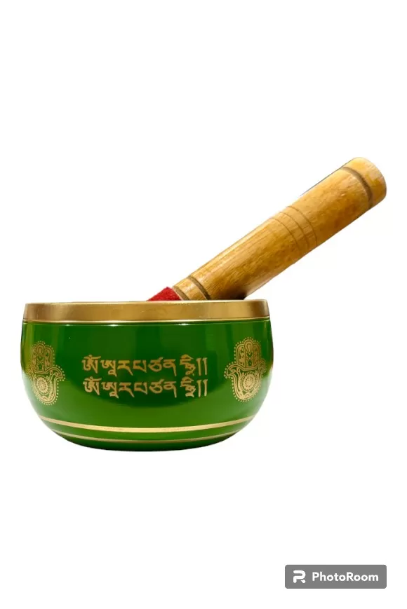 Brass Singing Bowl with Stick - 14 cm - Green Color - Assorted Designs