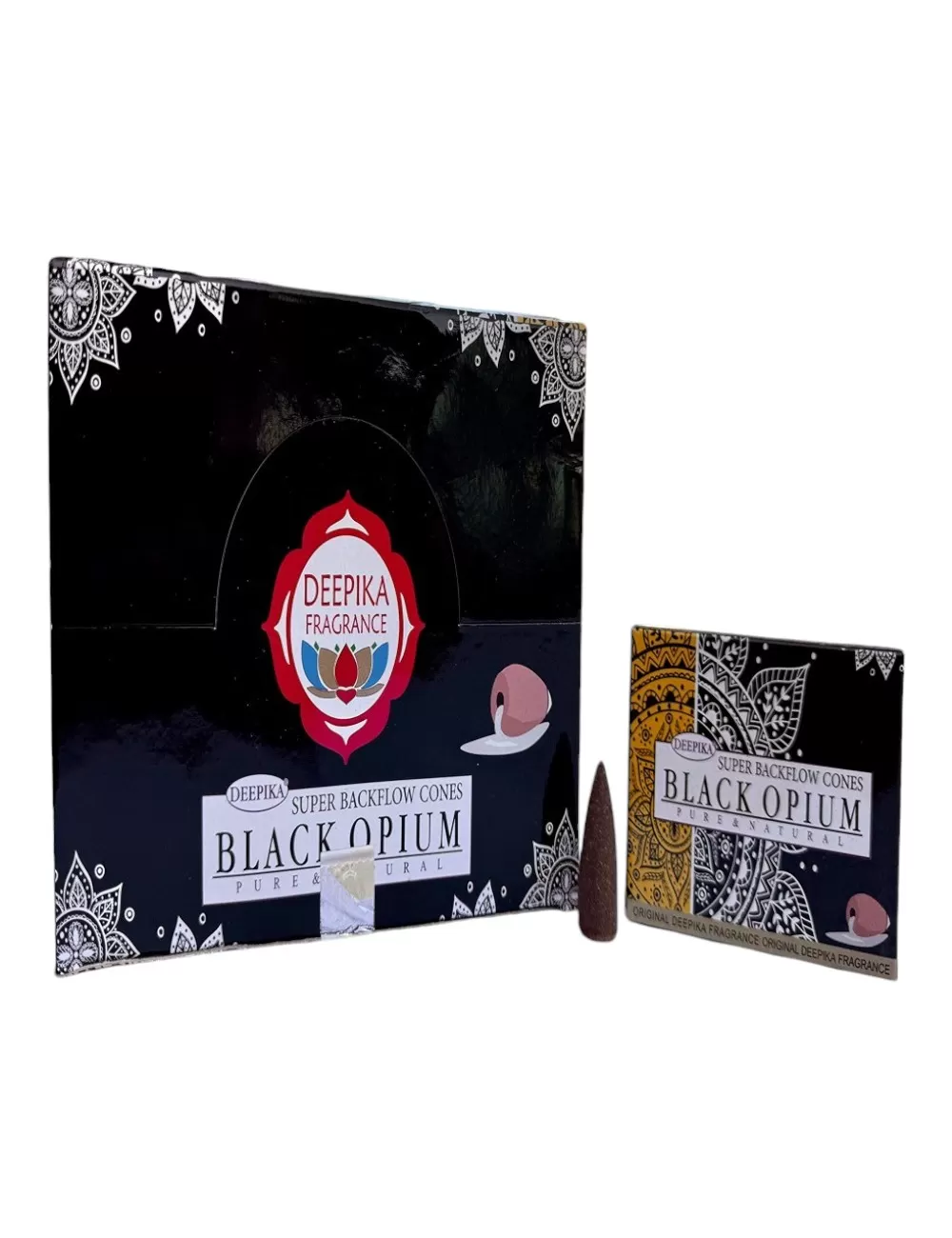 DBC-4 : Deepika Black Opium Super Backflow Dhoop Cones - 12 Packets Of 10 Cones Each