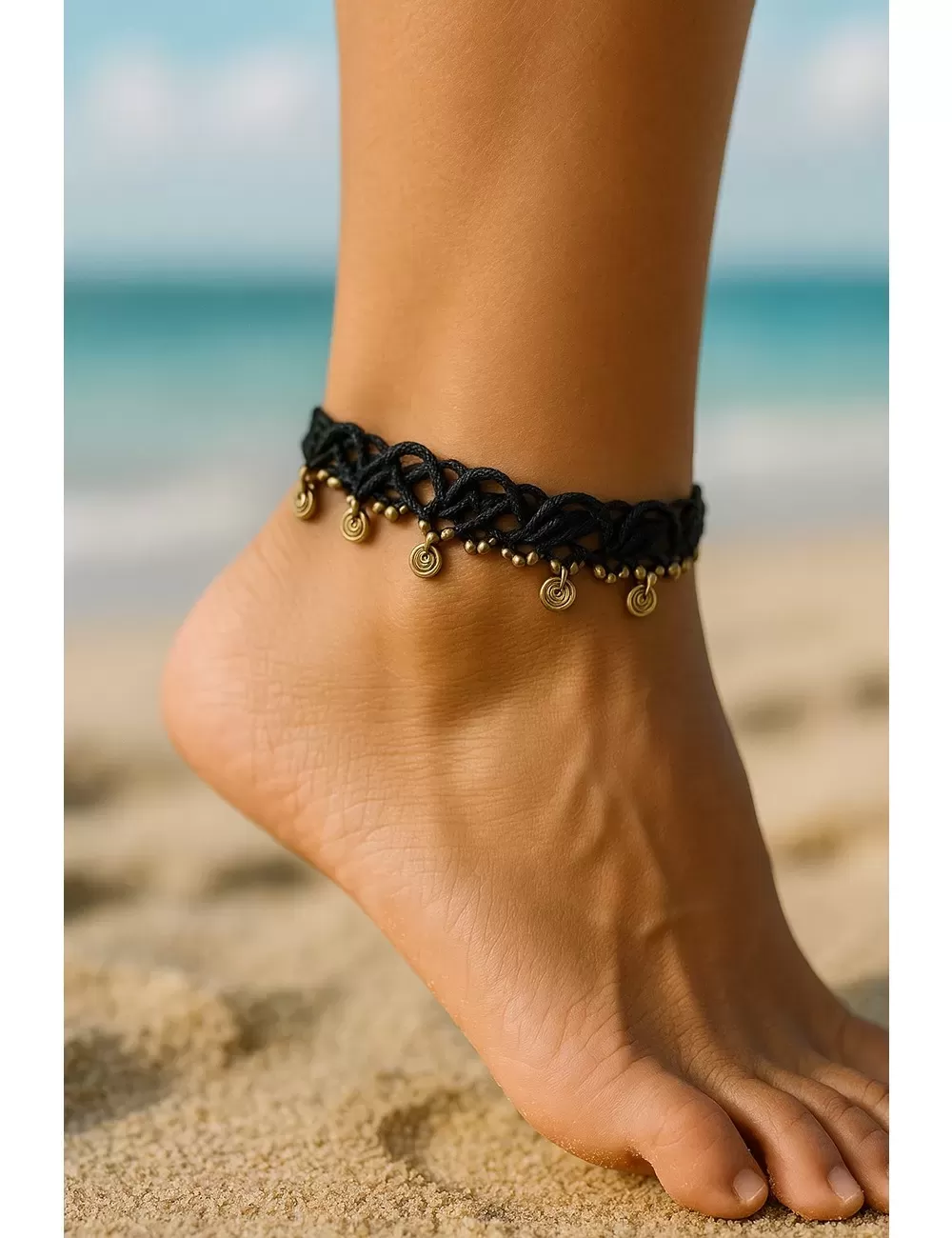 KAJ-2 : Macrame Anklet with Brass Beads: Round
