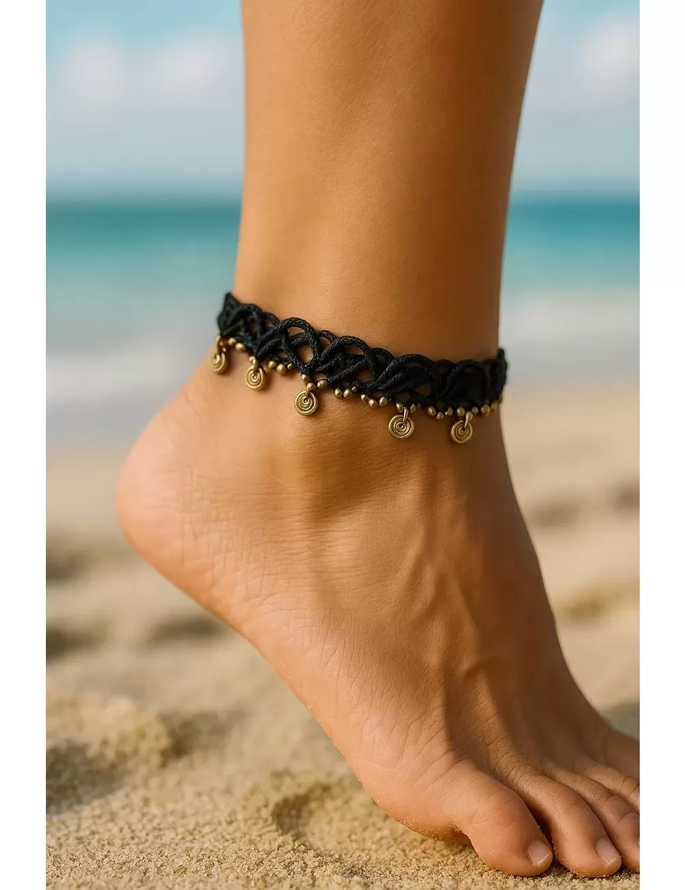 KAJ-2 : Macrame Anklet with Brass Beads: Round
