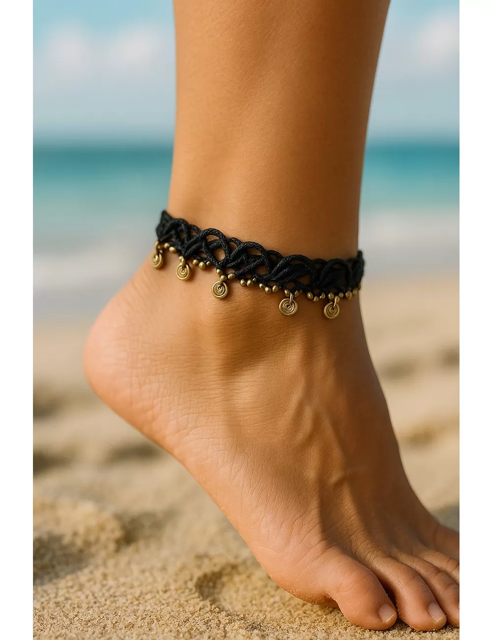 KAJ-2 : Macrame Anklet with Brass Beads: Round