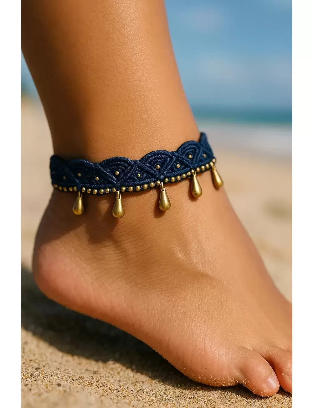 KAJ-3 : Macrame Anklet with Brass Beads: Rain Drop