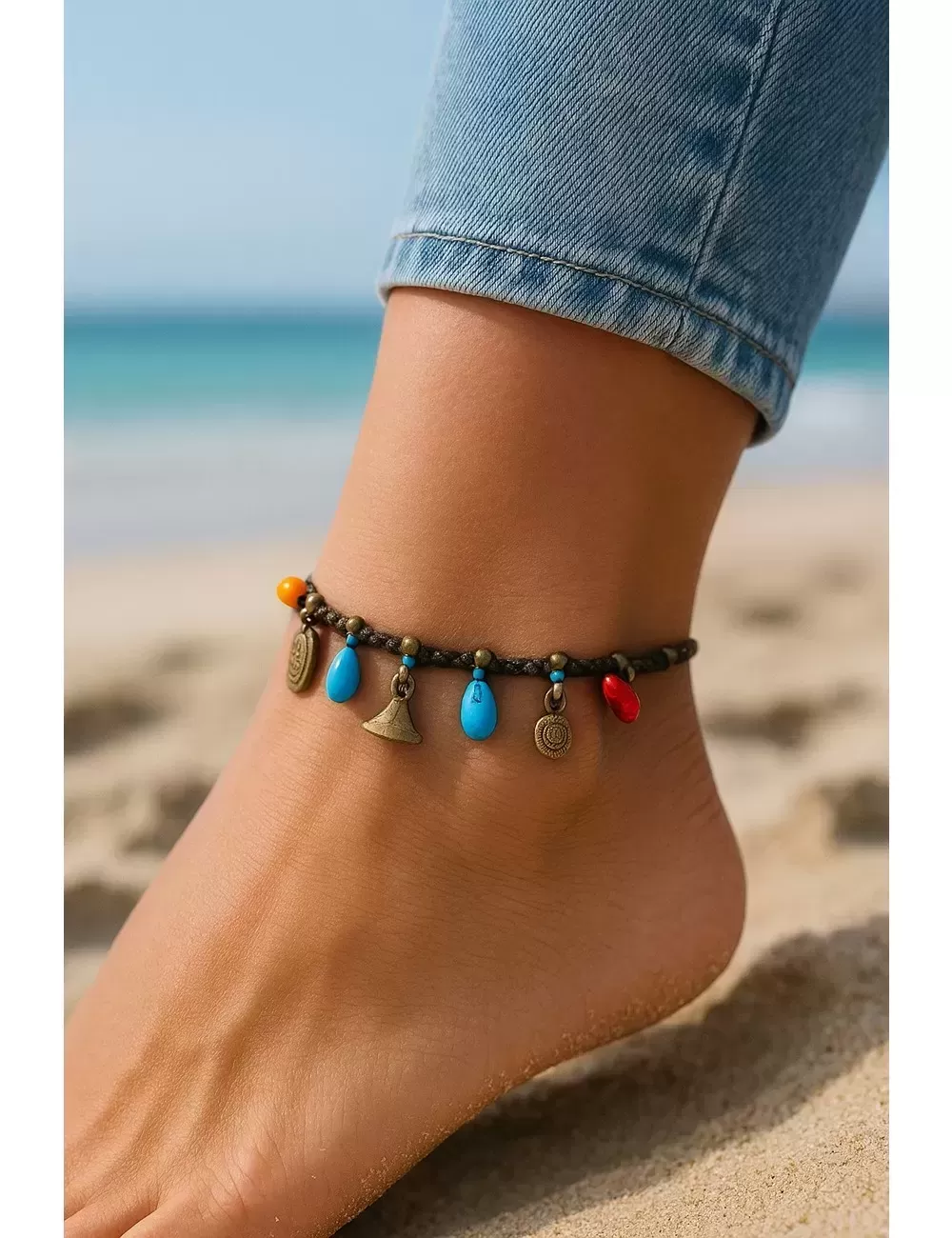 KAJ-5 : Macrame Anklet with Brass Beads: Colorful