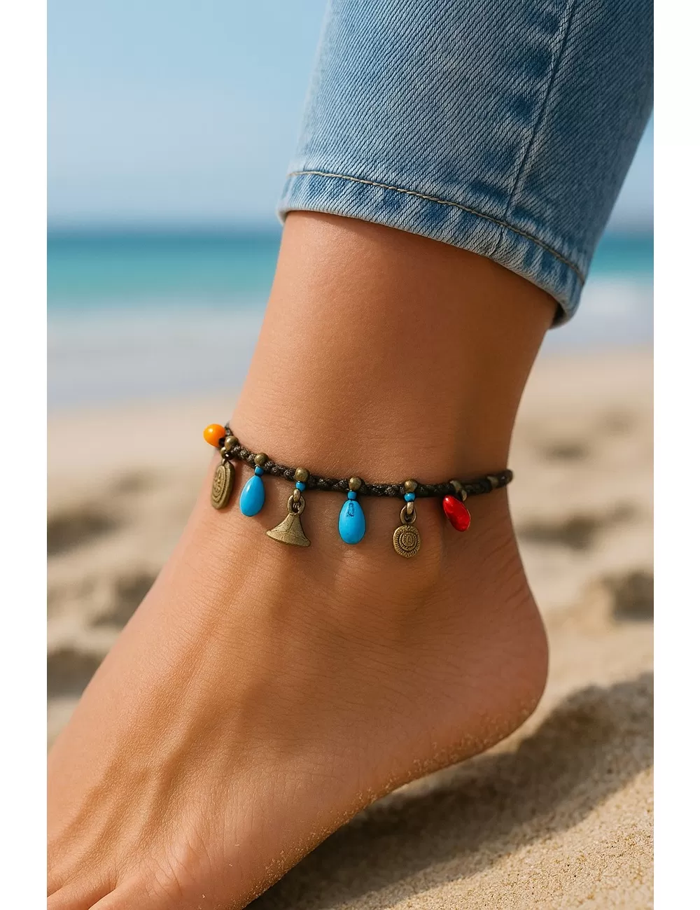 KAJ-5 : Macrame Anklet with Brass Beads: Colorful