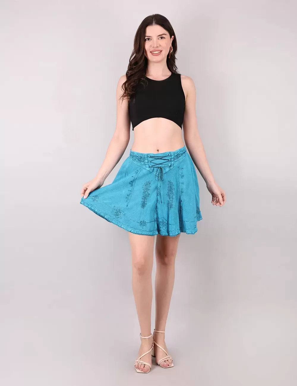 PE-17 : Acid Wash Embroidered Front Lace Tie Skirt