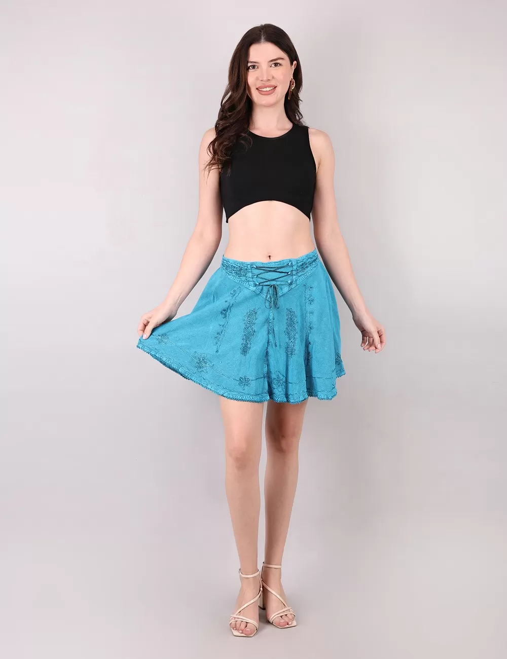 PE-17 : Acid Wash Embroidered Front Lace Tie Skirt