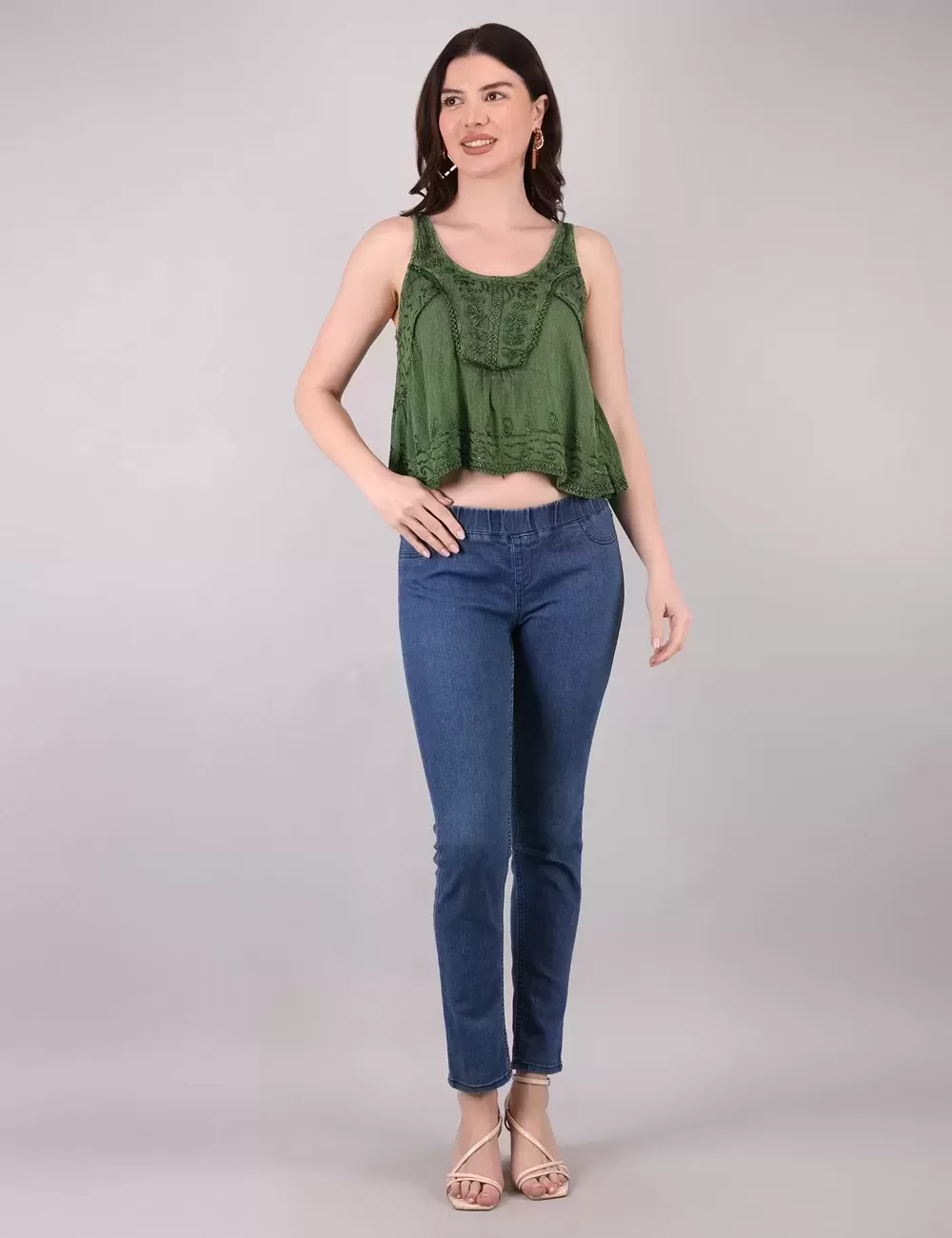 PE-18 : Acid Wash Embroidered Crop Top