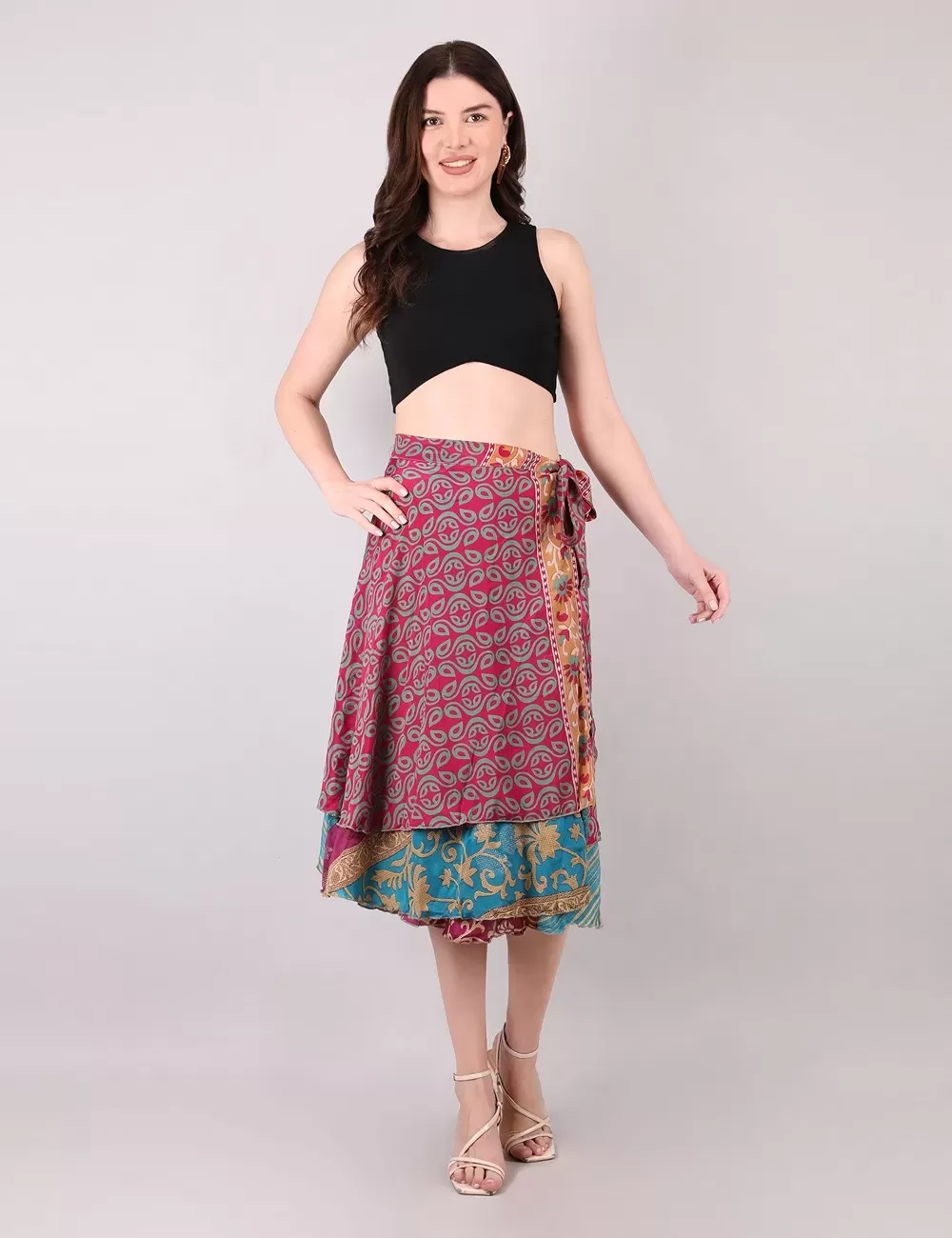 SG-192 : Recycled Silk Saree Wrap Knee Length Skirt