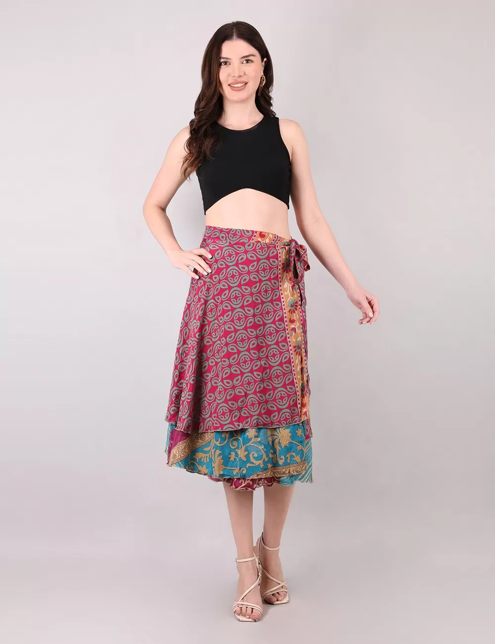 SG-192 : Recycled Silk Saree Wrap Knee Length Skirt